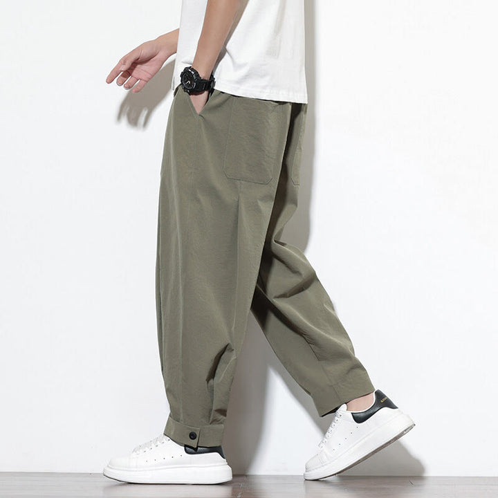 Pantaloni harem da uomo casual a tinta unita con coulisse e tasche, con motivo Buddha Stones. - Verde oliva - US/UK/AU46, EU56 (5XL) - image 0