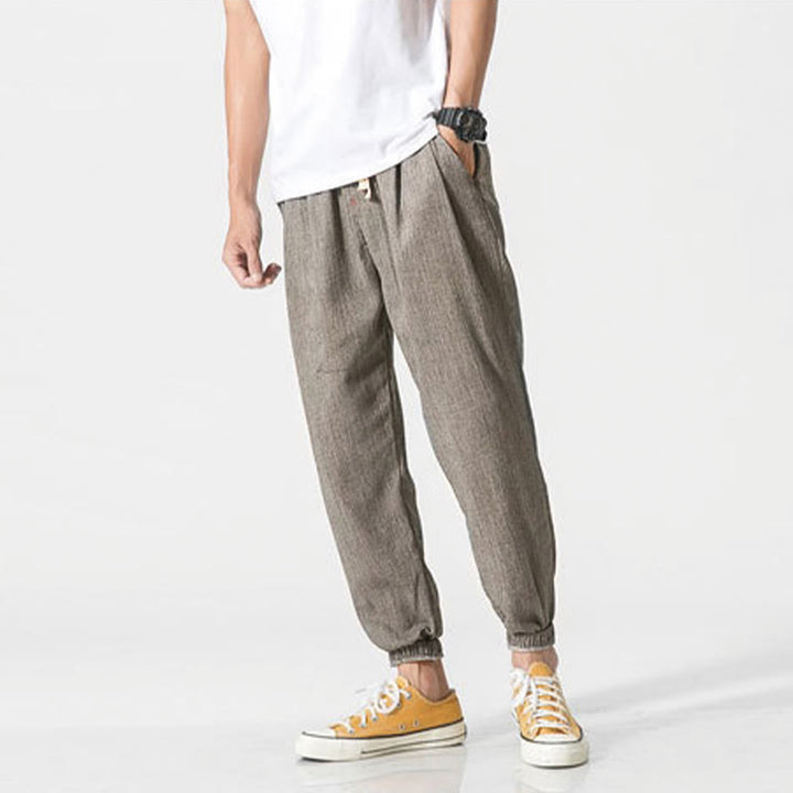 Pantaloni da uomo in lino con tasche e coulisse semplice motivo Buddha Stones