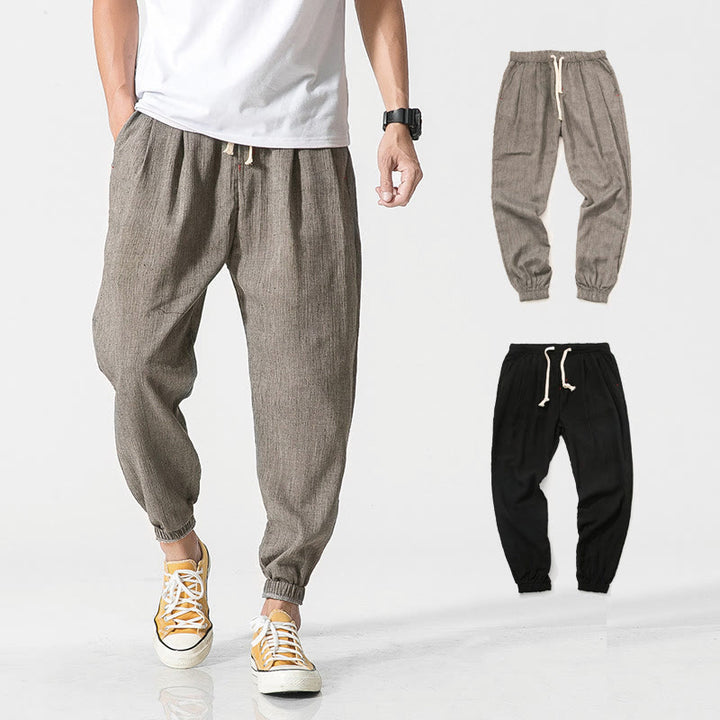 Pantaloni da uomo in lino con tasche e coulisse semplice motivo Buddha Stones