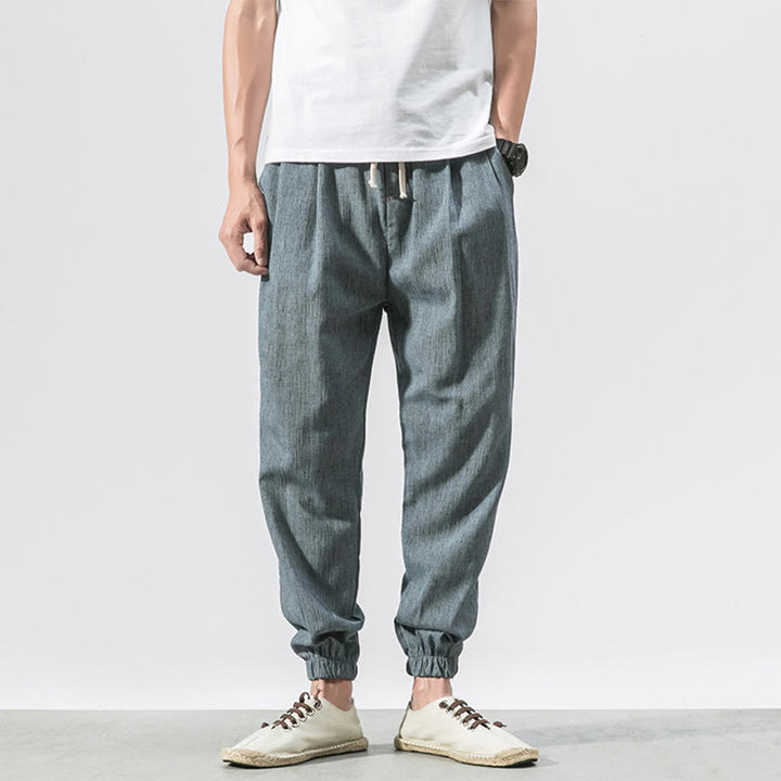 Pantaloni da uomo in lino con tasche e coulisse semplice motivo Buddha Stones