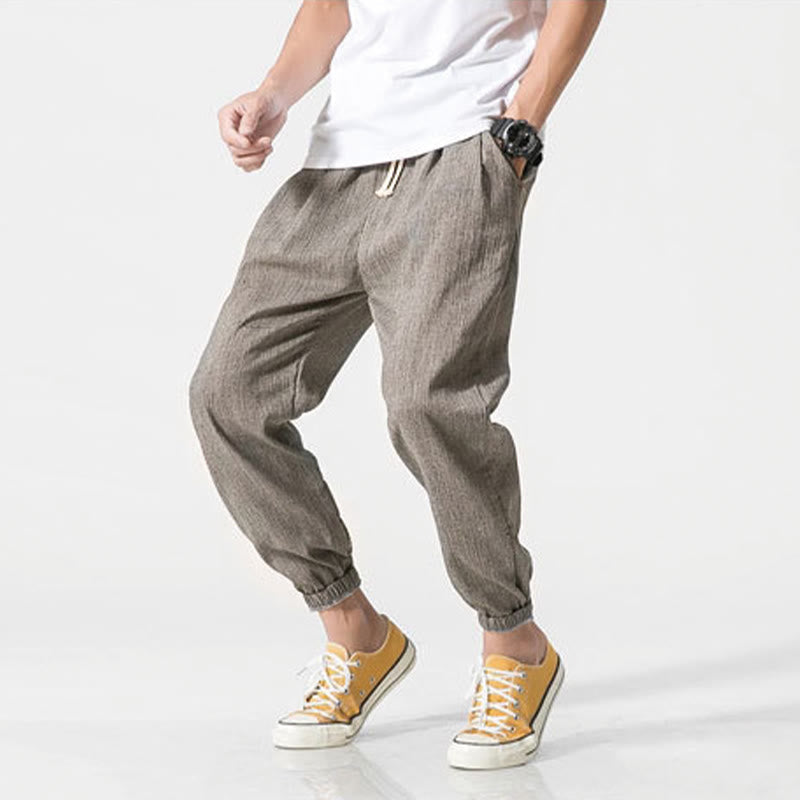 Pantaloni da uomo in lino con tasche e coulisse semplice motivo Buddha Stones
