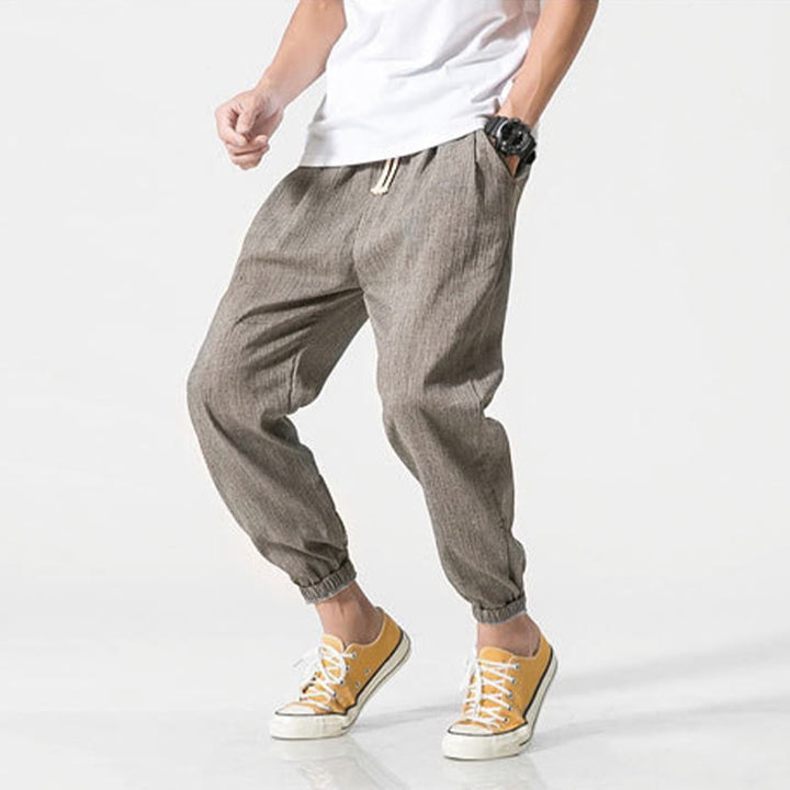 Pantaloni da uomo in lino con tasche e coulisse semplice motivo Buddha Stones