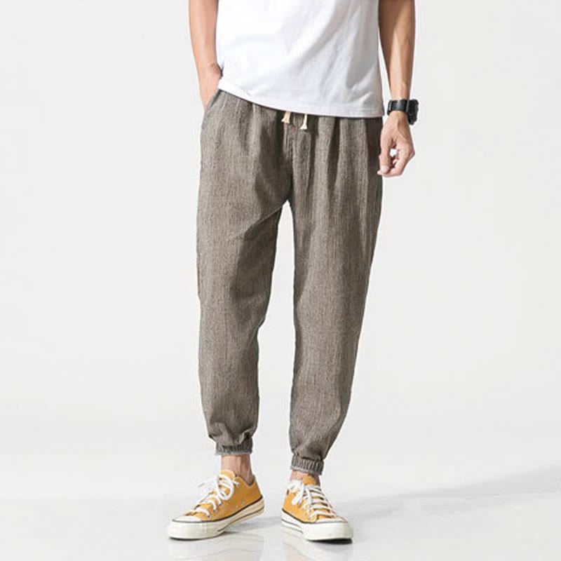 Pantaloni da uomo in lino con tasche e coulisse semplice motivo Buddha Stones