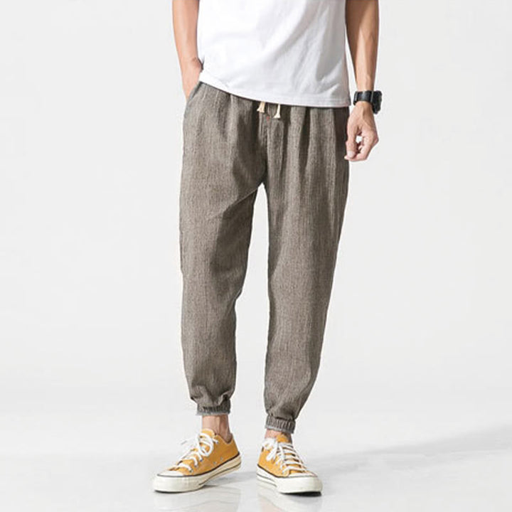 Pantaloni da uomo in lino con tasche e coulisse semplice motivo Buddha Stones