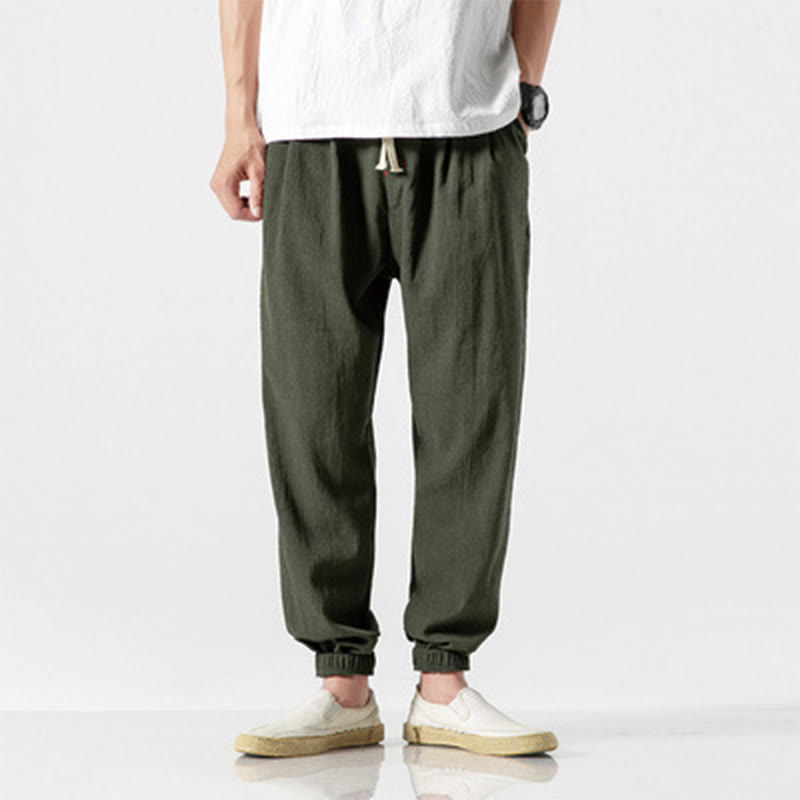 Pantaloni da uomo in lino con tasche e coulisse semplice motivo Buddha Stones