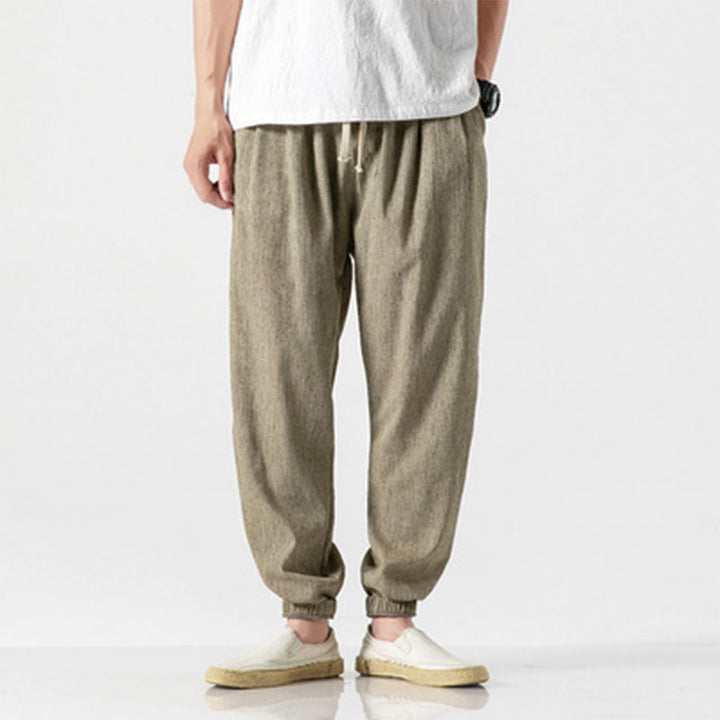 Pantaloni da uomo in lino con tasche e coulisse semplice motivo Buddha Stones