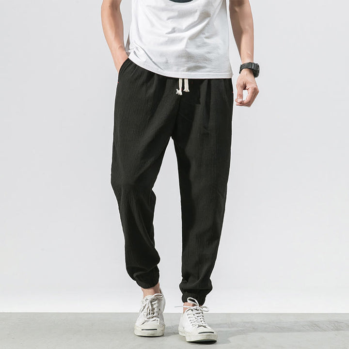 Pantaloni da uomo in lino con tasche e coulisse semplice motivo Buddha Stones