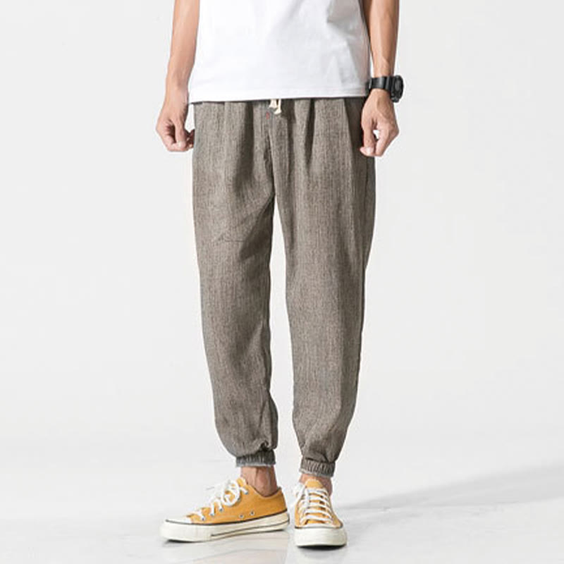 Pantaloni da uomo in lino con tasche e coulisse semplice motivo Buddha Stones