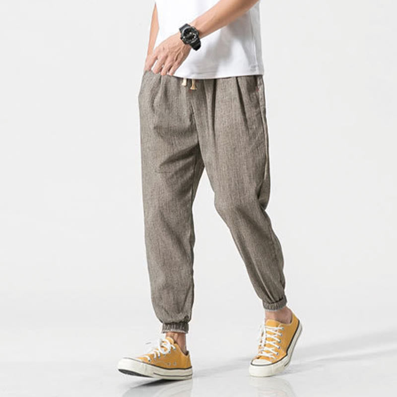 Pantaloni da uomo in lino con tasche e coulisse semplice motivo Buddha Stones