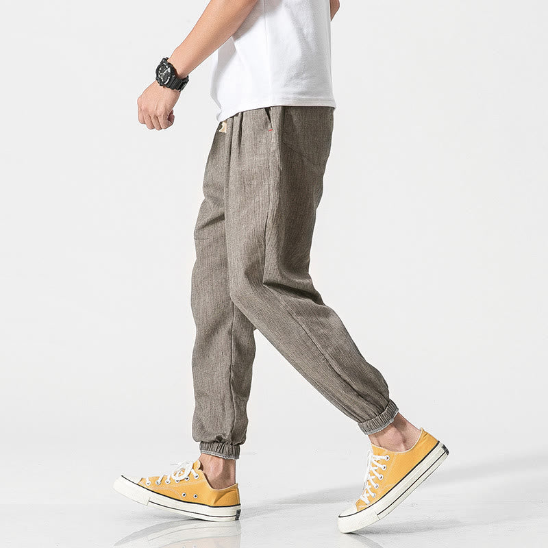 Pantaloni da uomo in lino con tasche e coulisse semplice motivo Buddha Stones