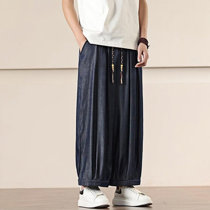 Pantaloni da uomo a gamba larga con coulisse in cotone tinta unita Buddha Stones Spring con tasche