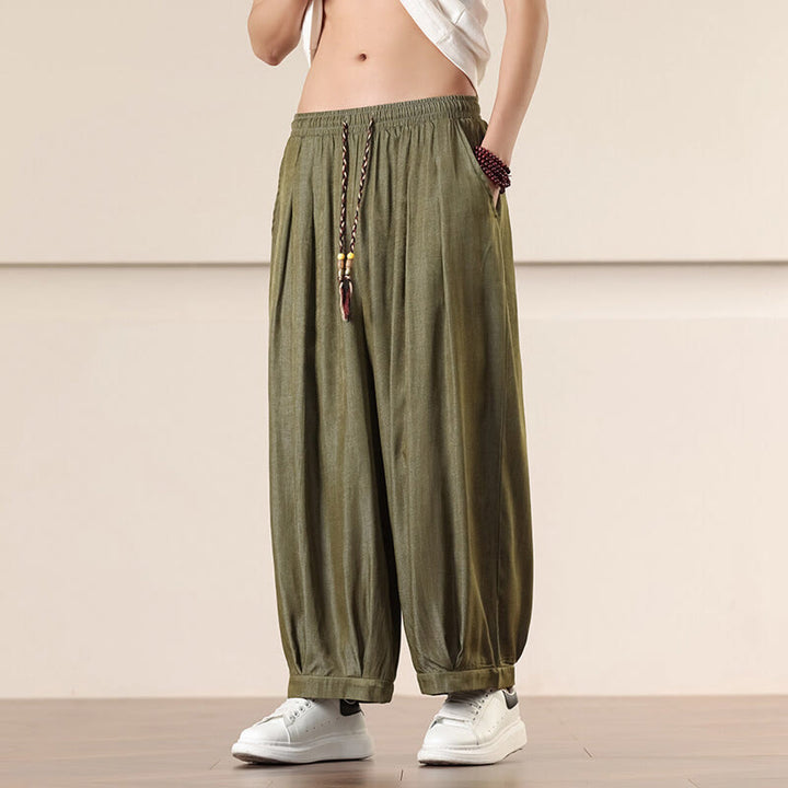 Pantaloni larghi da uomo con coulisse e tasche, tinta unita, modello Buddha Stones Spring - image 29
