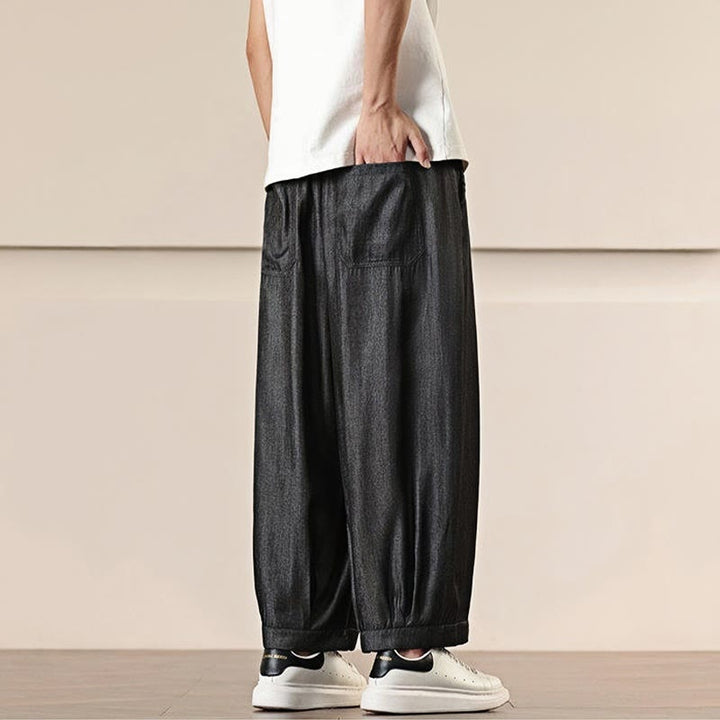 Pantaloni larghi da uomo con coulisse e tasche, tinta unita, modello Buddha Stones Spring - image 4