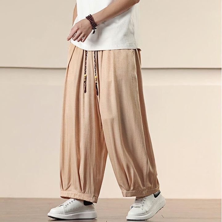 Pantaloni larghi da uomo con coulisse e tasche, tinta unita, modello Buddha Stones Spring - image 20