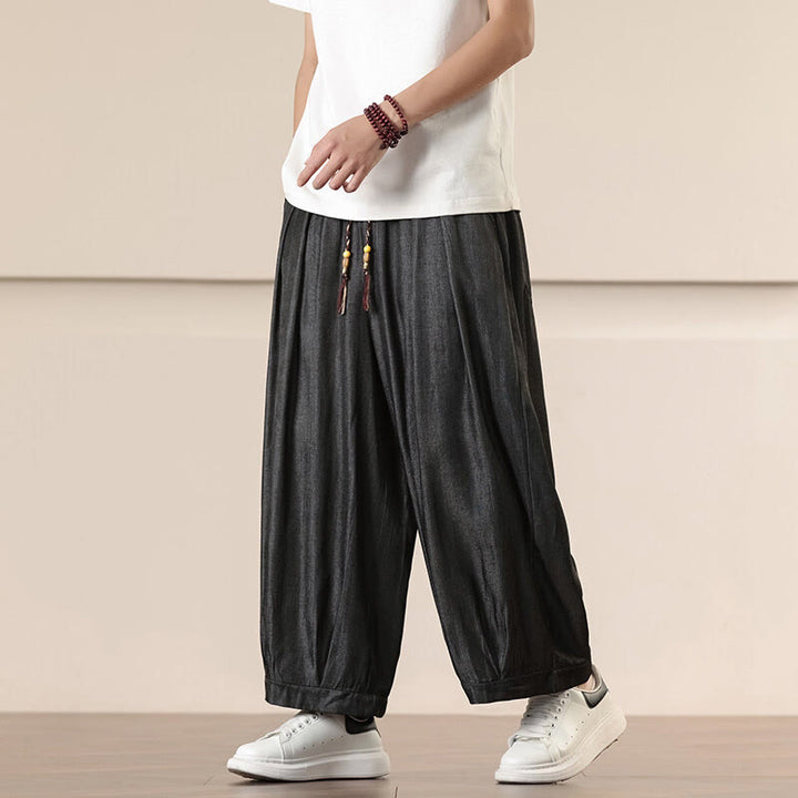 Pantaloni da uomo a gamba larga con coulisse in cotone tinta unita Buddha Stones Spring con tasche