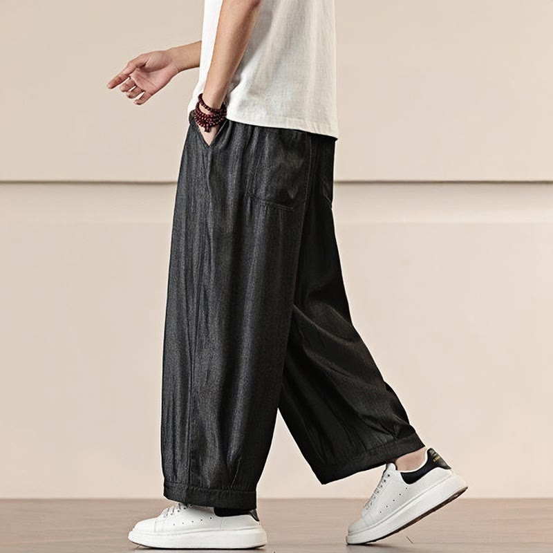 Pantaloni larghi da uomo con coulisse e tasche, tinta unita, modello Buddha Stones Spring - image 6