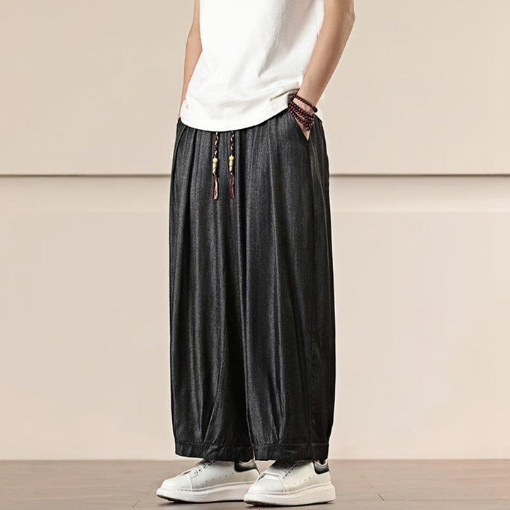 Pantaloni larghi da uomo con coulisse e tasche, tinta unita, modello Buddha Stones Spring - image 2