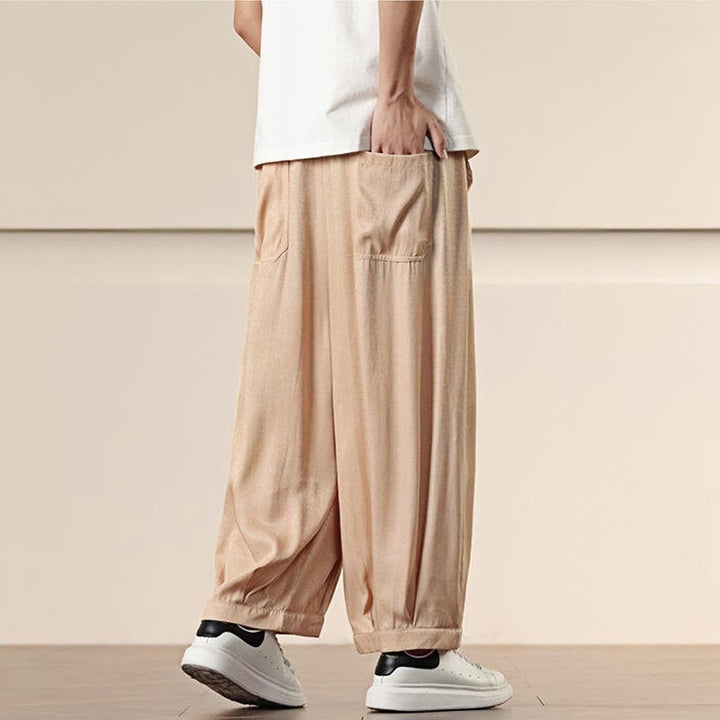 Pantaloni da uomo a gamba larga con coulisse in cotone tinta unita Buddha Stones Spring con tasche