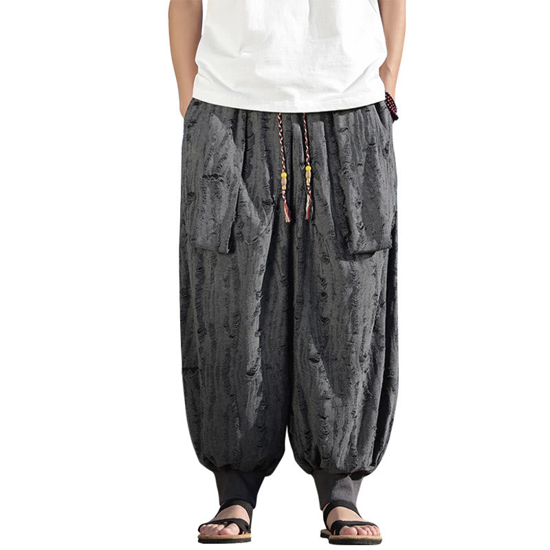 Pantaloni larghi da uomo in cotone con coulisse, con tasche, motivo a fori, tinta unita, motivo Buddha Stones