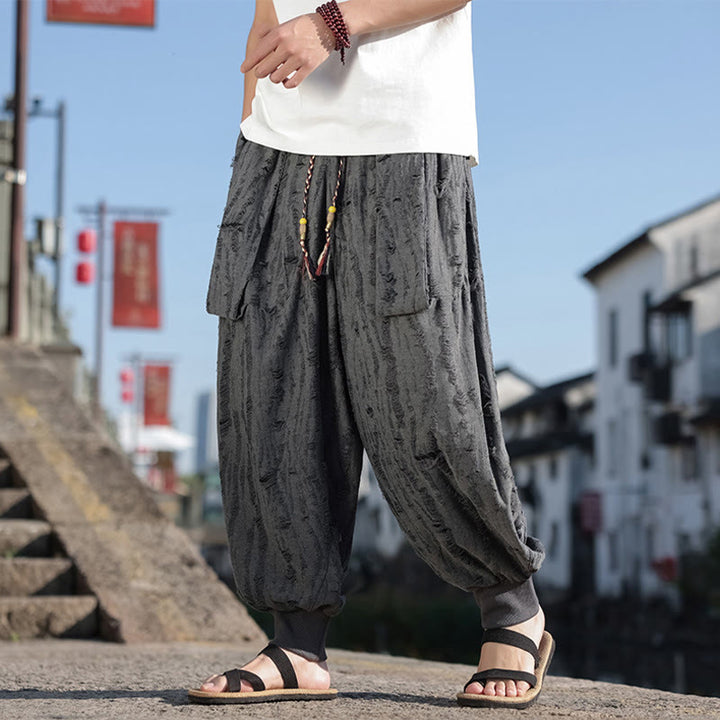 Pantaloni larghi da uomo in cotone con coulisse, con tasche, motivo a fori, tinta unita, motivo Buddha Stones