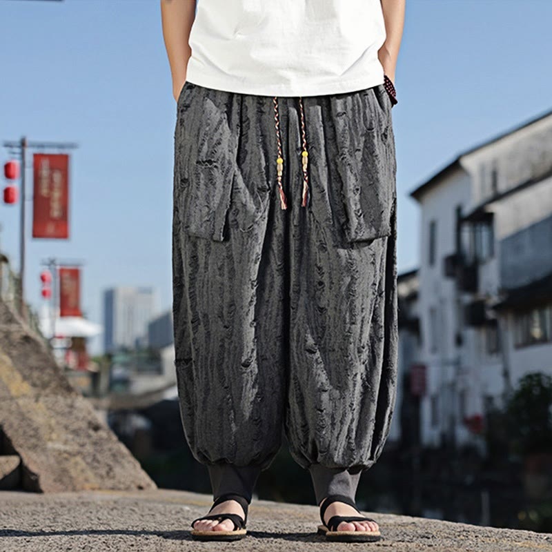 Pantaloni larghi da uomo in cotone con coulisse, con tasche, motivo a fori, tinta unita, motivo Buddha Stones