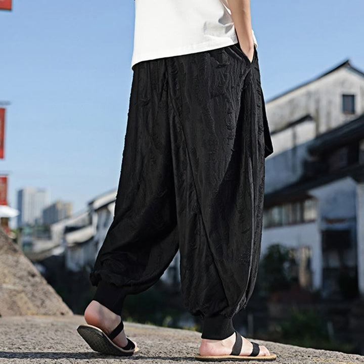 Pantaloni larghi da uomo in cotone con coulisse, con tasche, motivo a fori, tinta unita, motivo Buddha Stones