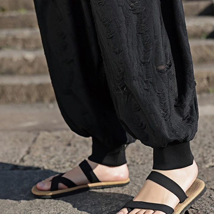 Pantaloni larghi da uomo in cotone con coulisse, con tasche, motivo a fori, tinta unita, motivo Buddha Stones