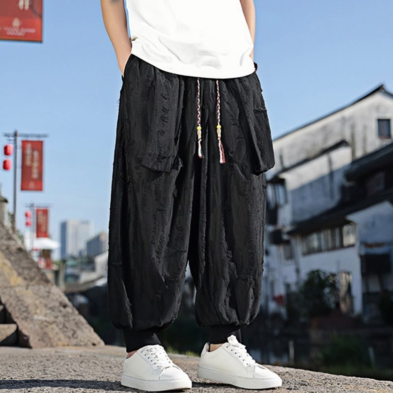 Pantaloni larghi da uomo in cotone con coulisse, con tasche, motivo a fori, tinta unita, motivo Buddha Stones
