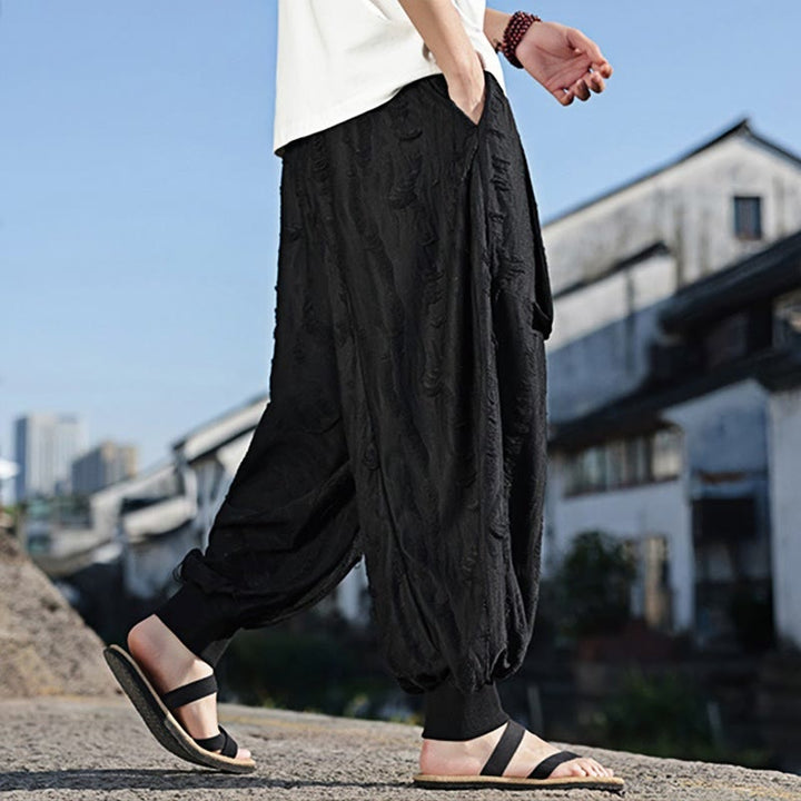 Pantaloni larghi da uomo in cotone con coulisse, con tasche, motivo a fori, tinta unita, motivo Buddha Stones