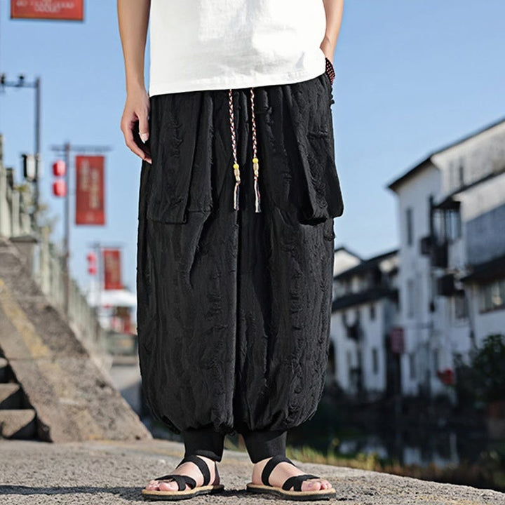 Pantaloni larghi da uomo in cotone con coulisse, con tasche, motivo a fori, tinta unita, motivo Buddha Stones - image 10