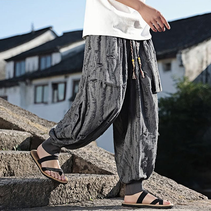 Pantaloni larghi da uomo in cotone con coulisse, con tasche, motivo a fori, tinta unita, motivo Buddha Stones