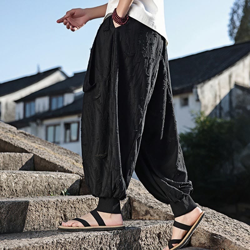 Pantaloni larghi da uomo in cotone con coulisse, con tasche, motivo a fori, tinta unita, motivo Buddha Stones