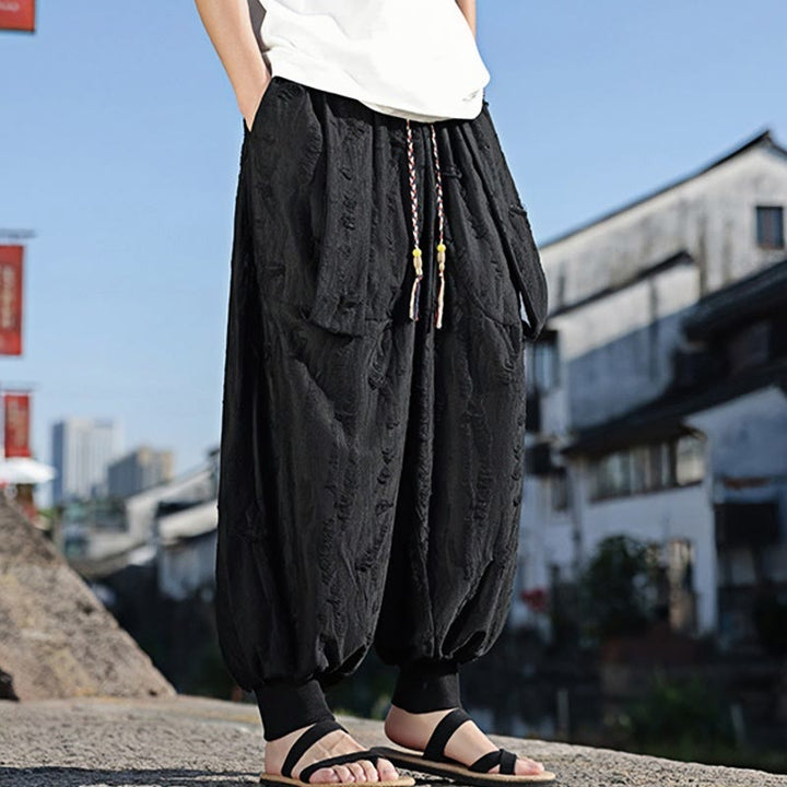 Pantaloni larghi da uomo in cotone con coulisse, con tasche, motivo a fori, tinta unita, motivo Buddha Stones