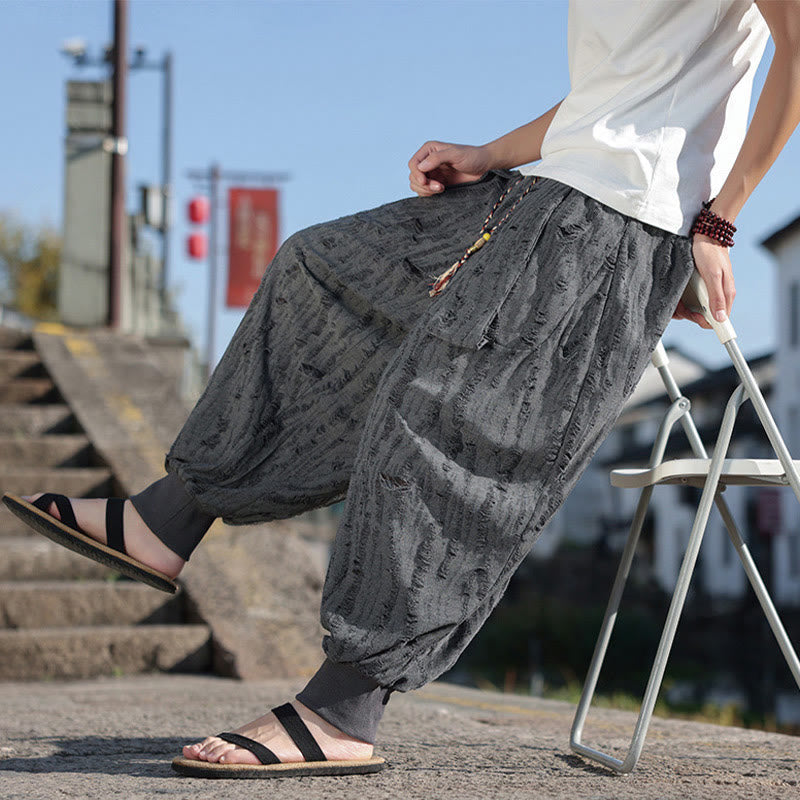 Pantaloni larghi da uomo in cotone con coulisse, con tasche, motivo a fori, tinta unita, motivo Buddha Stones