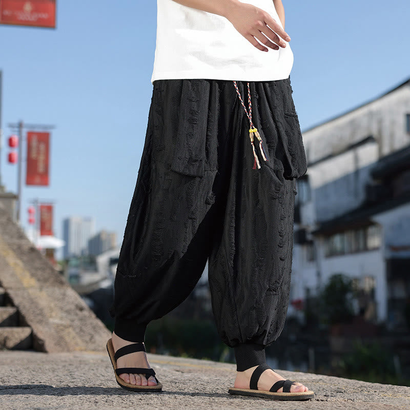 Pantaloni larghi da uomo in cotone con coulisse, con tasche, motivo a fori, tinta unita, motivo Buddha Stones