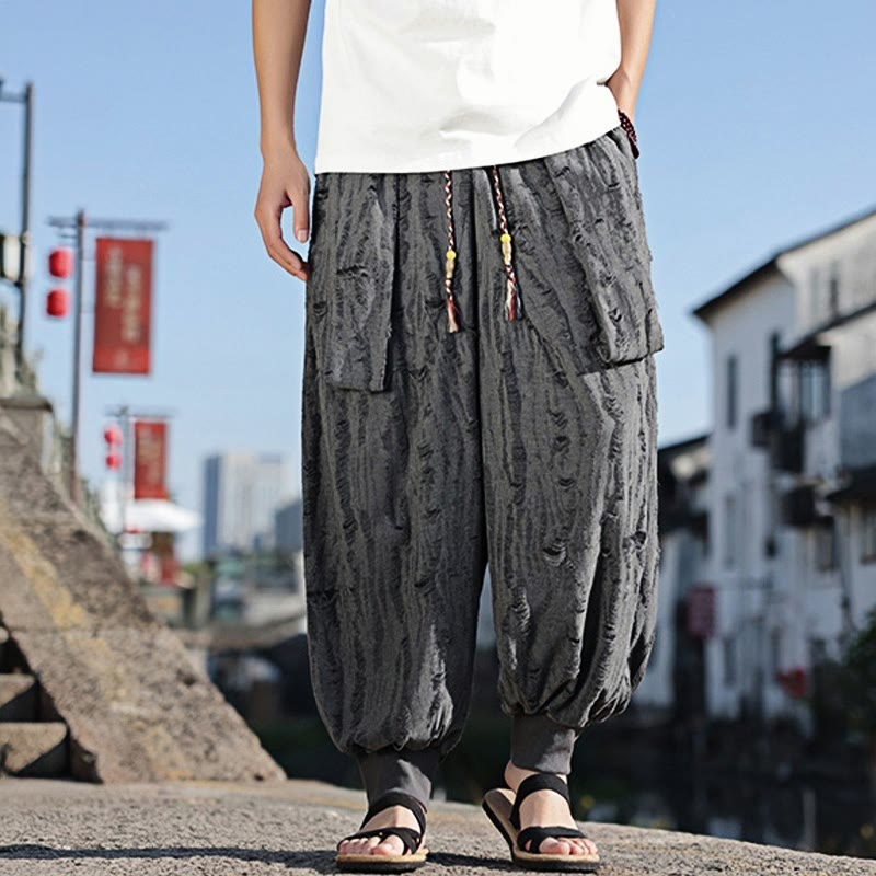Pantaloni larghi da uomo in cotone con coulisse, con tasche, motivo a fori, tinta unita, motivo Buddha Stones