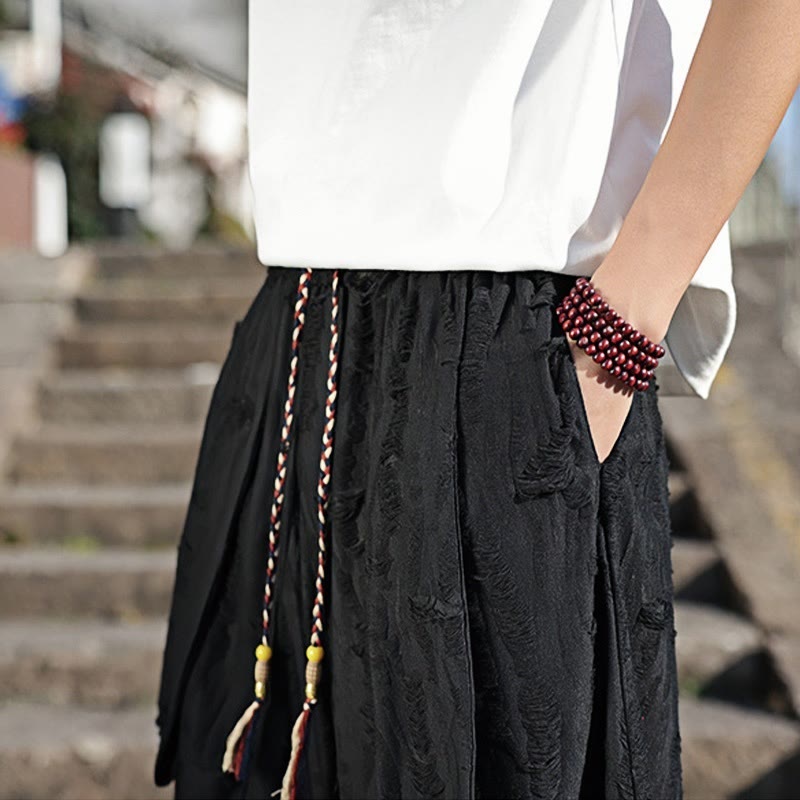 Pantaloni larghi da uomo in cotone con coulisse, con tasche, motivo a fori, tinta unita, motivo Buddha Stones