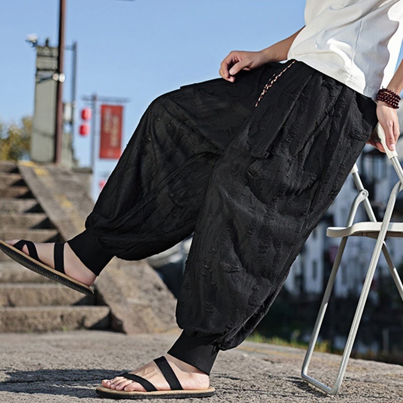 Pantaloni larghi da uomo in cotone con coulisse, con tasche, motivo a fori, tinta unita, motivo Buddha Stones