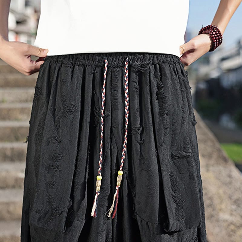 Pantaloni larghi da uomo in cotone con coulisse, con tasche, motivo a fori, tinta unita, motivo Buddha Stones