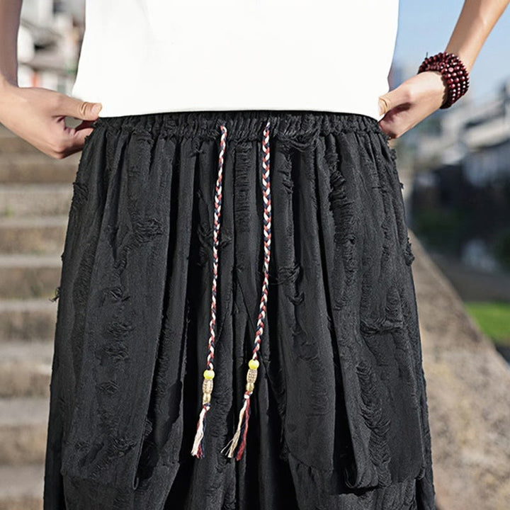 Pantaloni larghi da uomo in cotone con coulisse, con tasche, motivo a fori, tinta unita, motivo Buddha Stones