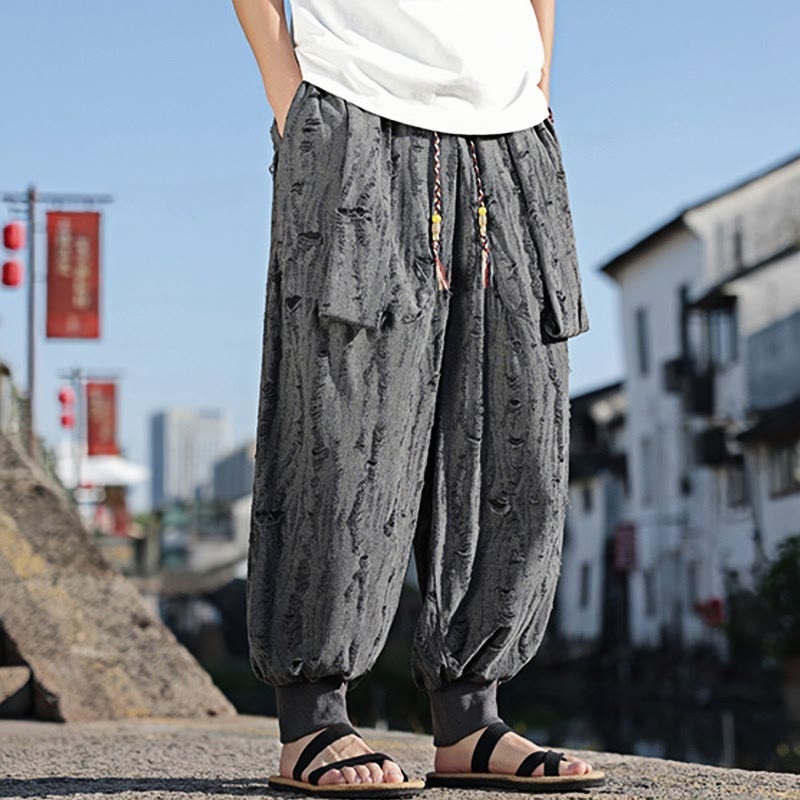 Pantaloni larghi da uomo in cotone con coulisse, con tasche, motivo a fori, tinta unita, motivo Buddha Stones