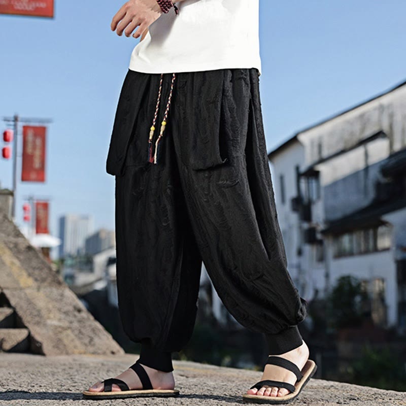Pantaloni larghi da uomo in cotone con coulisse, con tasche, motivo a fori, tinta unita, motivo Buddha Stones