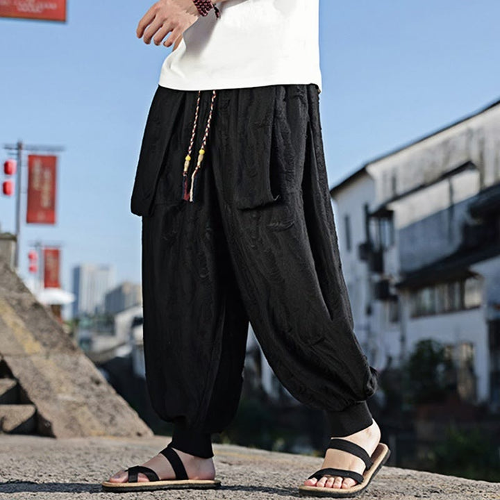 Pantaloni larghi da uomo in cotone con coulisse, con tasche, motivo a fori, tinta unita, motivo Buddha Stones