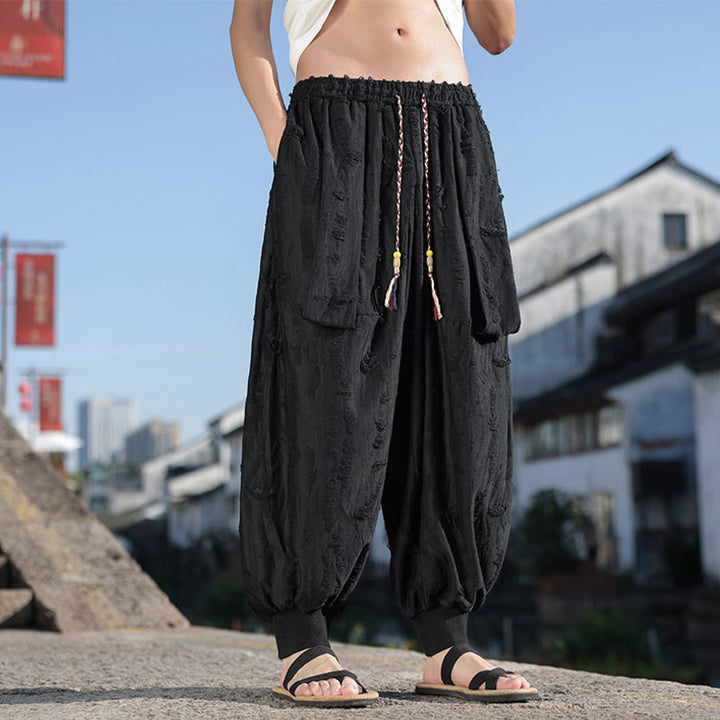 Pantaloni larghi da uomo in cotone con coulisse, con tasche, motivo a fori, tinta unita, motivo Buddha Stones