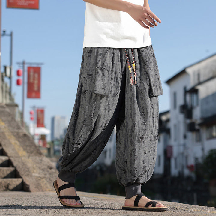 Pantaloni larghi da uomo in cotone con coulisse, con tasche, motivo a fori, tinta unita, motivo Buddha Stones - image 1