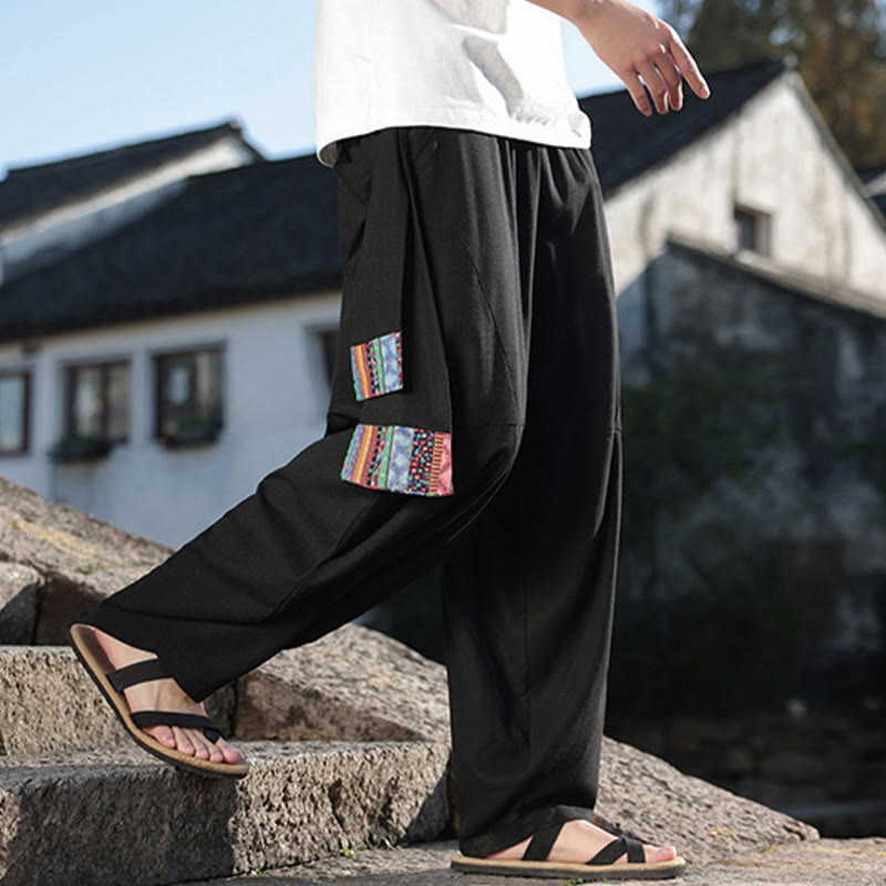 Pantaloni da uomo in cotone con coulisse, gamba larga, tasche, motivo patchwork semplice Buddha Stones - image 6