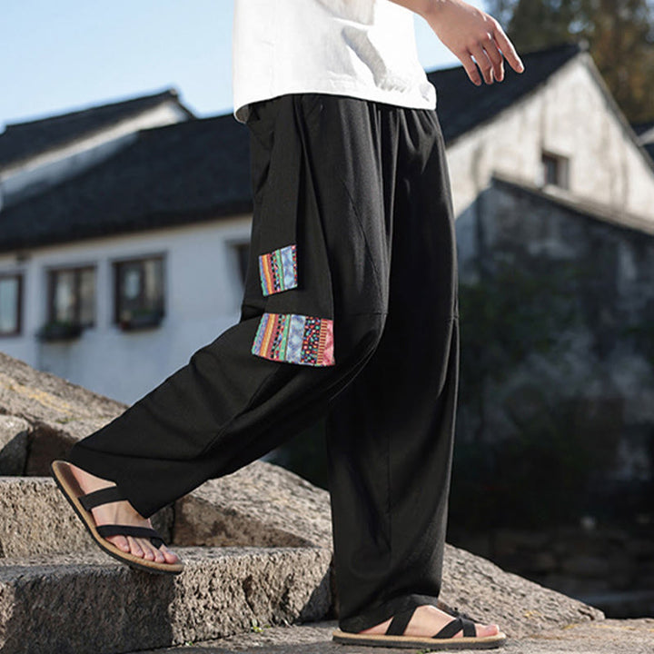 Pantaloni da uomo in cotone con coulisse, gamba larga, tasche, motivo patchwork semplice Buddha Stones - image 6