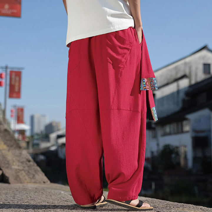 Pantaloni da uomo in cotone con coulisse, gamba larga, tasche, motivo patchwork semplice Buddha Stones