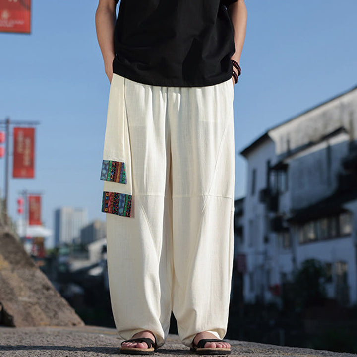 Pantaloni da uomo in cotone con coulisse, gamba larga, tasche, motivo patchwork semplice Buddha Stones