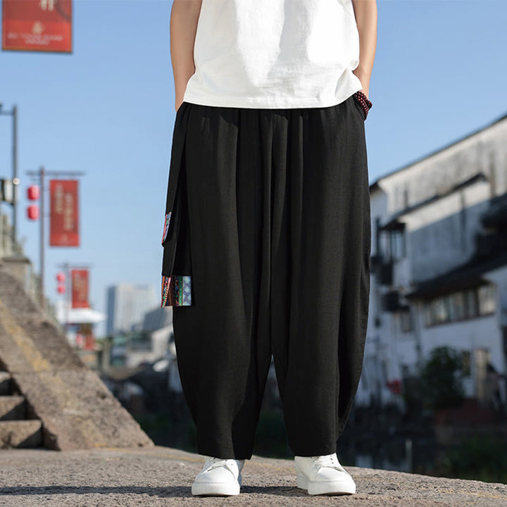 Pantaloni da uomo in cotone con coulisse, gamba larga, tasche, motivo patchwork semplice Buddha Stones